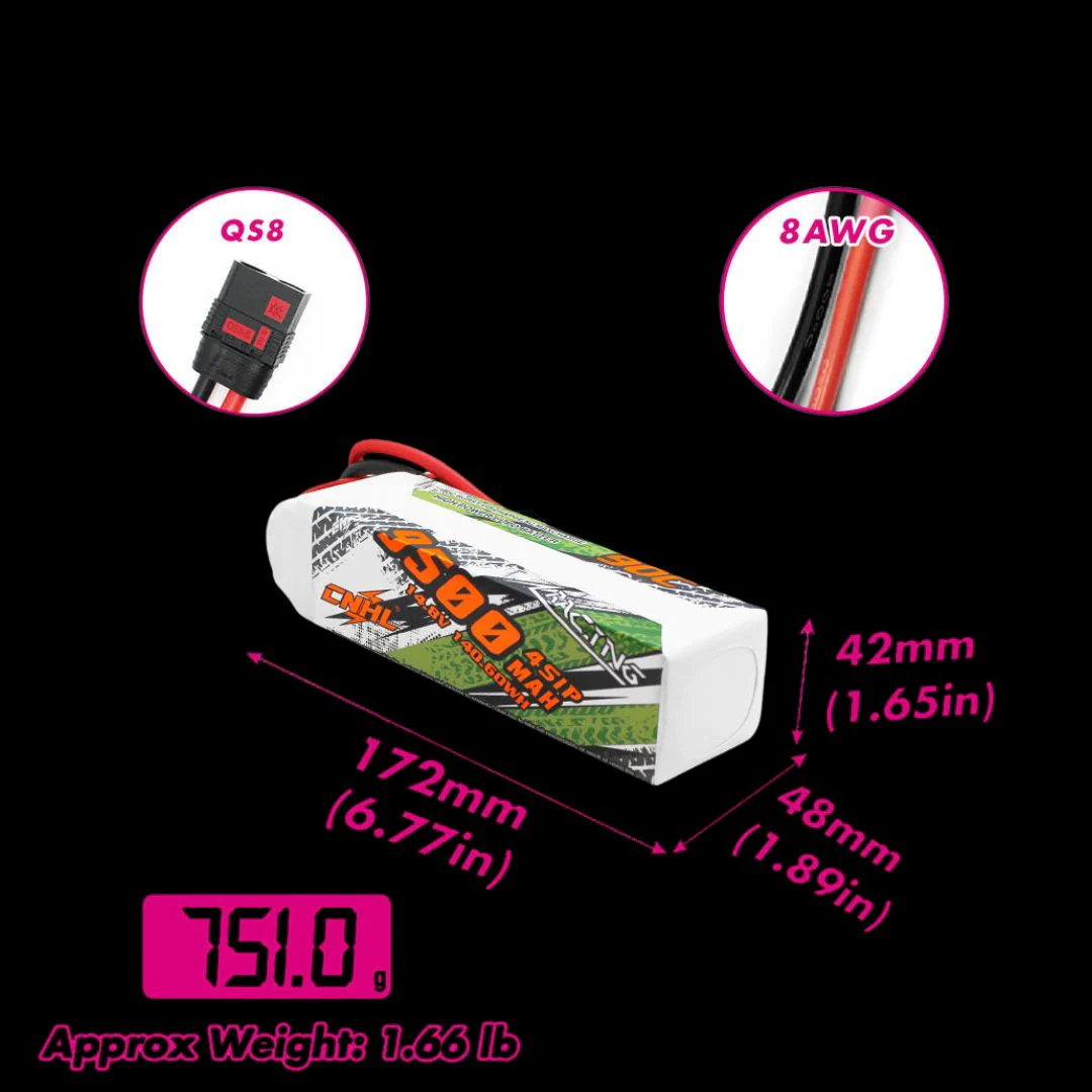 CNHL Racing Series 9500mAh 14.8V 4S 90C Lipo Battery with QS8 Plug - Image 2